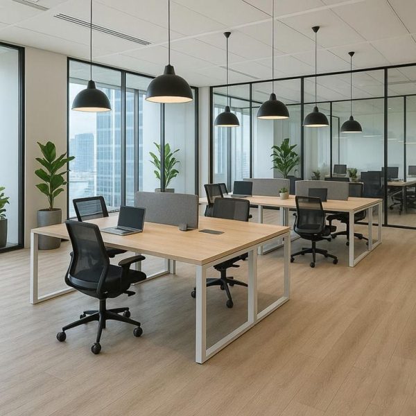 thi công nội thất văn phòng với không gian nội thất Bàn làm việc nhân viên dạng modun, kết hợp vách kính và cây cảnh decor