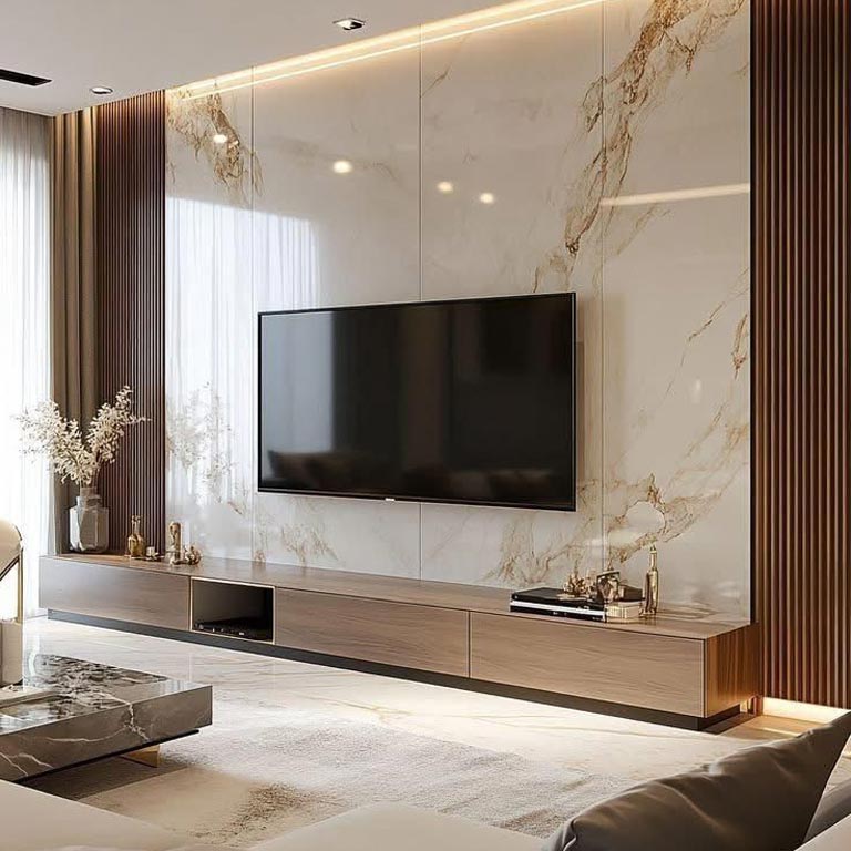 thi công đồ gỗ nội thất - thi công vách tivi phòng khách
